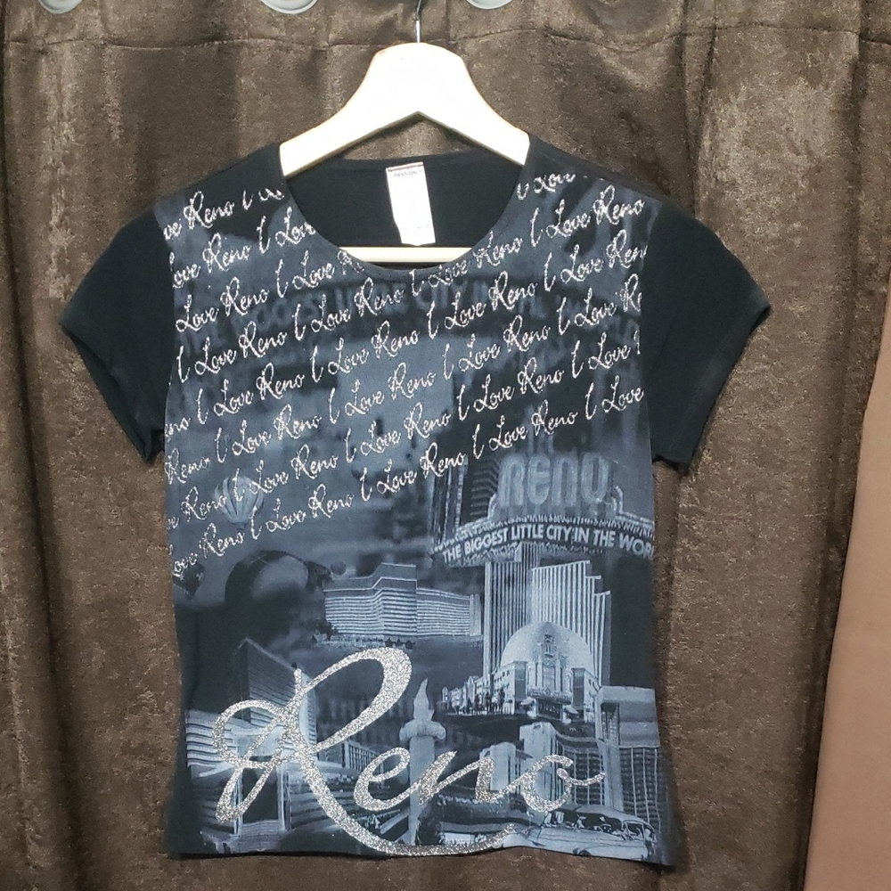 Reno Black Graphic Women's Top Sparkle Passion 1 Polyester  Vintage Nevada